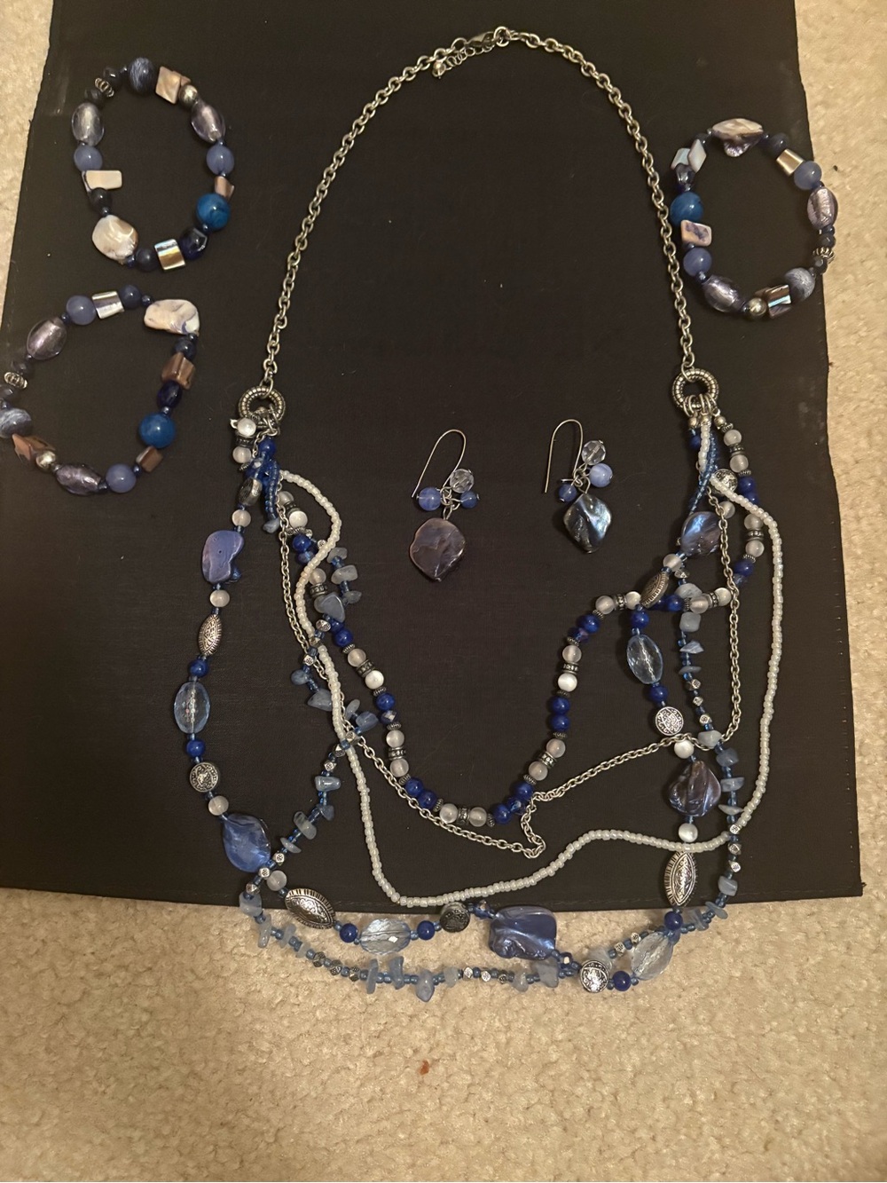 Multi-Strand Blue Beaded Necklace Set with Earrings and Bracelets